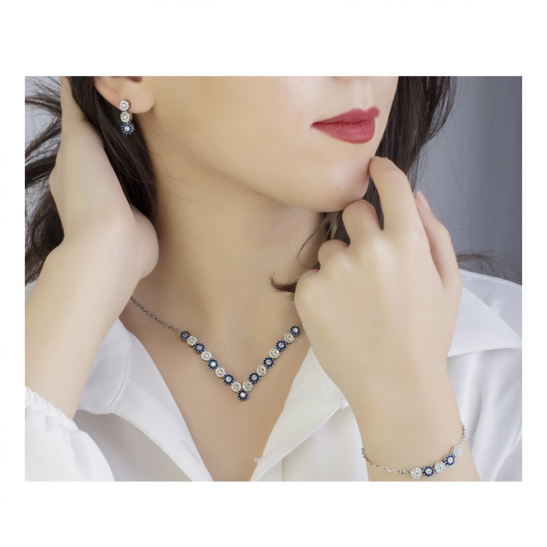 سرویس نقره عروس نگین برلیان آبی و سفید کد PS21302