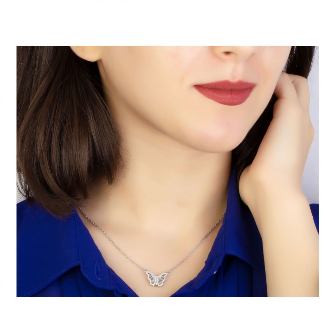 گردنبند نقره دخترانه نگین دار طرح پروانه کد P21389