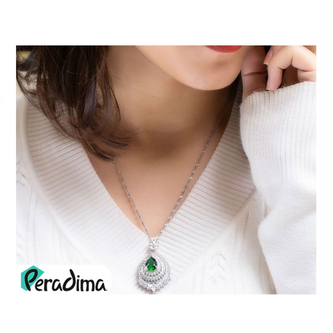 گردنبند نقره زنانه نگین کریستال سبز جدید کد P21386